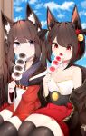  2girls absurdres akagi-chan_(azur_lane) amagi-chan_(azur_lane) animal_ear_fluff animal_ears azur_lane bare_shoulders bell blue_sky breasts brown_hair brown_kimono brown_legwear brown_tail cleavage dango eating food hair_bell hair_ornament highres holding holding_food huge_filesize japanese_clothes kimono kitsune long_hair metal_belt multiple_girls open_clothes open_kimono purple_eyes red_eyes red_skirt sakuramon samip siblings sisters skewer skirt sky small_breasts thick_eyebrows thighhighs wagashi zettai_ryouiki 