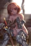  1girl armor backlighting bob_cut brown_eyes brown_hair dressing indoors knight knight_(ragnarok_online) leaning_forward looking_down maxa&#039; panties parted_lips ragnarok_online short_hair signature sitting sweat sword topless underwear wall watermark weapon web_address window 