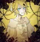  1girl aku_no_musume_(vocaloid) black_flower black_rose blonde_hair blue_eyes bow choker dress dress_bow earrings evillious_nendaiki flower hair_bow hair_ornament hairclip highres jewelry kagamine_rin limited_palette open_mouth puffy_sleeves riliane_lucifen_d&#039;autriche rose sketch smile solo thorns vocaloid warabi_(danngo-mitarasi) yellow_background 