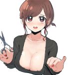  1girl agentpuppyone breasts brown_eyes brown_hair cleavage cleavage_cutout clothing_cutout cutting_clothes earrings jewelry mole mole_on_breast original scissors simple_background sweat tied_hair 