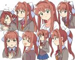  1girl blazer blouse blush bow brown_hair closed_eyes doki_doki_literature_club green_eyes hand_on_own_chest jacket long_hair looking_at_viewer looking_back monika_(doki_doki_literature_club) multiple_views open_eyes ponytail school_uniform smile sweat tsubobot white_blouse white_bow 