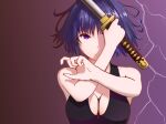  1girl bangs black_shirt breasts cleavage closed_mouth covering_one_eye defaultkavy electricity hair_between_eyes highres holding holding_sword holding_weapon honkai_(series) honkai_impact_3rd katana looking_at_viewer ponytail purple_background purple_eyes purple_hair raiden_mei shirt solo sword weapon 