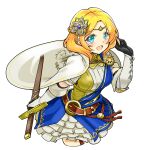  blonde_hair blue_eyes braid cape fire_emblem fire_emblem_warriors flower frilled_skirt frills hair_flower hair_ornament hair_tucking hairpin lianna_(fire_emblem) princess short_hair skirt smile sunflower sunflower_hair_ornament sword tiara weapon yukia_(firstaid0) 