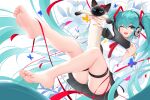  1girl ;d animal aqua_eyes aqua_hair arms_up bangs bare_legs barefoot black_skirt bow bug butterfly cat commentary damao_yu detached_sleeves eyebrows_visible_through_hair feet flower full_body hair_between_eyes hatsune_miku headphones highres holding holding_animal holding_cat insect legs long_hair long_sleeves looking_at_viewer nail_polish one_eye_closed open_mouth panties pink_nails red_bow shirt skirt sleeveless sleeveless_shirt smile soles solo striped striped_panties thigh_strap toenail_polish toenails toes underwear upper_teeth very_long_hair vocaloid white_flower white_shirt 