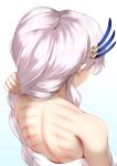  1girl feather_hair_ornament feathers from_behind hair_behind_ear hair_ornament haryudanto holding holding_hair hololive hololive_indonesia indonesian_commentary long_hair naked_towel pavolia_reine silver_hair solo towel upper_body virtual_youtuber 