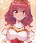  1girl absurdres breasts brown_background celica_(fire_emblem) detached_collar earrings ericchika fire_emblem fire_emblem_echoes:_shadows_of_valentia fire_emblem_heroes gold_trim highres jewelry looking_at_viewer md5_mismatch priestess princess red_eyes red_hair solo upper_body 