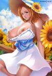  1girl arm_support artist_name biting bleach blue_ribbon breasts collarbone dress exlic fence flower grey_eyes hat highres inoue_orihime large_breasts lip_biting long_hair looking_at_viewer nipples orange_hair outdoors patreon_username ribbon sleeveless sleeveless_dress solo sun_hat sunflower sunlight white_dress wooden_fence 