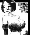  1girl bare_shoulders bra breasts bright_pupils cleavage elbow_gloves glasses gloves greyscale lamb-oic029 large_breasts monochrome open_mouth original semi-rimless_eyewear short_hair solo under-rim_eyewear underwear upper_body white_pupils 
