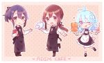  3girls :d ;q absurdres adachi_sakura adachi_to_shimamura alternate_costume antenna_hair apron black_apron black_dress black_footwear black_neckwear black_pants black_ribbon blue_hair blush bobby_socks bow bowtie braid brown_background brown_hair character_request closed_mouth collared_shirt cup dress drinking_glass drinking_straw food frilled_dress frills hair_bow hair_ribbon heart highres holding holding_tray long_sleeves looking_at_viewer low_ponytail menu multiple_girls one_eye_closed open_mouth pants polka_dot polka_dot_background ponytail puffy_short_sleeves puffy_sleeves purple_eyes purple_hair ribbon shimamura_hougetsu shirt shoes short_sleeves sleeveless sleeveless_dress smile socks sorimachi-doufu standing standing_on_one_leg teacup teapot tongue tongue_out tray waist_apron white_apron white_bow white_legwear white_shirt 