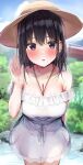  1girl arm_behind_back bare_shoulders blue_eyes blush breasts brown_headwear cleavage collarbone commentary_request dress hand_up hat highres hot large_breasts looking_at_viewer original outdoors rouka_(akatyann) solo sweat thighs translation_request white_dress 