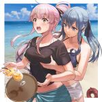  2girls bangs beach bikini black_shirt blue_bikini blue_eyes blue_hair blunt_bangs blush border breast_grab breasts cleavage closed_mouth cloud commentary_request cup day drinking_straw dropping enemy_lifebuoy_(kancolle) gotland_(kancolle) grabbing grabbing_from_behind hair_between_eyes hair_ribbon kantai_collection large_breasts long_hair mole mole_under_eye multiple_girls open_mouth outdoors outside_border pink_hair ponytail ribbon sarong shirt short_sleeves shorts sidelocks sky surprised sweat swimsuit tantaka tray twitter_username white_border white_shorts yellow_eyes yura_(kancolle) 