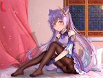  1girl arus bare_shoulders black_legwear blush braid choker double_bun dress frilled_dress frilled_sleeves frills full_body genshin_impact gloves hair_bun hair_ornament hairclip keqing_(genshin_impact) looking_at_viewer pantyhose pillow purple_eyes purple_hair sitting twintails 