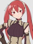  1girl annoyed black_shirt breasts detached_sleeves do_m_kaeru fire_emblem fire_emblem_fates hand_on_hip long_hair looking_at_viewer medium_breasts red_eyes red_hair selena_(fire_emblem_fates) shirt standing twintails upper_body vest watermark white_background 
