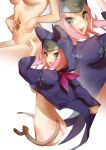  1girl animal_hood blue_eyes cat_hood cat_tail fang felyne g_li hood hoodie humanization monster_hunter_(series) monster_hunter_stories_2 navel nude pink_hair simple_background solo tail tsukino_(monster_hunter) 