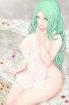  1girl absurdres bathhouse breasts curvy fire_emblem fire_emblem:_three_houses green_eyes green_hair hand_on_own_chest highres large_breasts long_hair looking_at_viewer mogtate nipples nude petals rhea_(fire_emblem) see-through smile towel 
