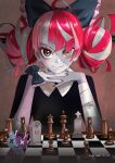  1girl absurdres ahoge black_bow bow chess_piece chessboard colored_skin cosplay dated double_bun elizabeth_harmon elizabeth_harmon_(cosplay) grey_hair grey_skin heterochromia highres hololive hololive_indonesia kivo kureiji_ollie multicolored_hair pink_hair red_eyes red_hair smile solo stitched_face the_queen&#039;s_gambit tombstone udin_(kureiji_ollie) virtual_youtuber yellow_eyes zombie 