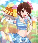  1girl ;d banana bangs blue_sarong blue_shirt blurry blurry_background blush bowl brown_eyes brown_hair cloud collarbone commentary_request curry day flower food fruit gloria_(pokemon) hair_flower hair_ornament haru_(haruxxe) holding holding_bowl holding_spoon jewelry looking_at_viewer navel necklace one_eye_closed open_mouth outdoors outstretched_arm palm_tree pokemon pokemon_(game) pokemon_masters_ex purple_flower sarong scrunchie shirt sky sleeveless sleeveless_shirt smile solo spoon tongue tree wrist_scrunchie 