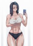  1girl abs absurdres bare_arms black_hair blue_eyes breast_hold breasts cellphone character_request cleavage collarbone commentary_request crop_top highres holding holding_phone huge_filesize large_breasts muscular muscular_female navel phone qtime4_702 selfie smartphone solo standing thigh_gap 