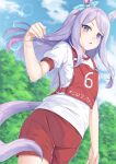  1girl animal_ears bangs blue_ribbon blurry blurry_background commentary_request day depth_of_field ear_ribbon eyebrows_visible_through_hair gym_shirt gym_shorts gym_uniform hand_up horse_ears horse_girl horse_tail long_hair mejiro_mcqueen_(umamusume) miri_(ago550421) outdoors parted_lips puffy_short_sleeves puffy_sleeves purple_eyes purple_hair red_shorts ribbon shirt short_shorts short_sleeves shorts solo standing swept_bangs tail umamusume v-shaped_eyebrows very_long_hair white_shirt 