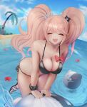  1girl :d ball bangs bare_shoulders beach beachball bear_hair_ornament bikini black_bikini black_footwear black_scrunchie blonde_hair bow breasts c01a_(cola) cleavage closed_eyes collarbone commentary danganronpa:_trigger_happy_havoc danganronpa_(series) danganronpa_s:_ultimate_summer_camp day english_commentary enoshima_junko eyebrows_visible_through_hair fang flower hair_ornament highres large_breasts long_hair looking_at_viewer monokuma open_mouth palm_tree red_bow red_flower sandals scrunchie shiny shiny_hair shoes side-tie_bikini skindentation smile solo swimsuit tree twintails upper_teeth water wrist_scrunchie 