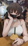  1girl blurry blurry_background breasts brown_eyes brown_hair cup disposable_cup hair_behind_ear head_tilt highres long_hair looking_at_viewer medium_breasts original photo_background purple_nails ryouma_(galley) shirt sitting sleeveless sleeveless_shirt solo starbucks watch white_shirt wristwatch 