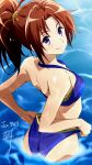  1girl ass bikini blue_bikini breasts brown_hair closed_mouth dated halterneck hibike!_euphonium high_ponytail highres long_hair looking_at_viewer nakagawa_natsuki nii_manabu purple_eyes shiny shiny_skin shoulder_blades signature small_breasts smile solo standing swimsuit wading water 