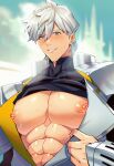  1boy abs absurdres black_shirt blue_eyes blue_sky castle chiharudaaaaaaa clothes_lift fate/grand_order fate_(series) highres jacket looking_at_viewer male_focus nipples open_clothes open_jacket parted_lips pectorals percival_(fate) shiny shiny_skin shirt shirt_lift sky solo sweat toned toned_male upper_body white_hair 