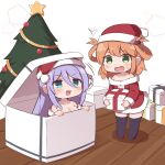  2girls :d bare_shoulders blue_eyes box breasts chibi christmas christmas_tree cleavage collarbone fizz_(pixiv34498626) gift gift_box green_eyes hat highres holding holding_gift long_hair multiple_girls open_mouth orange_hair princess_connect! purple_hair rino_(princess_connect!) santa_costume santa_hat shizuru_(princess_connect!) smile socks surprised sweatdrop thighhighs 