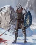  1boy ambiguous_gender armor belt blood blood_splatter bloody_weapon chosen_undead covered_face dark_souls_i full_armor helmet holding holding_shield holding_sword holding_weapon male_focus metal_boots miso_katsu outdoors pauldrons rock shield shoulder_armor snow solo souls_(series) standing sword weapon 