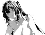  1girl bangs blush breasts choker collarbone frilled_hairband frills greyscale hairband haitekudasai_takamine-san hiiragi_yuuichi licking_lips long_hair looking_at_viewer monochrome nude open_mouth out-of-frame_censoring smile solo takamine_takane tongue tongue_out twintails 