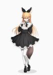  1girl absurdres alternate_costume animal_ear_fluff animal_ears bangs black_bow black_dress black_footwear black_gloves black_ribbon blonde_hair bow bow_footwear brown_eyes deku_suke dress extra_ears ezo_red_fox_(kemono_friends) fingerless_gloves fox_ears fox_girl fox_tail full_body gloves hair_between_eyes hairband hands_together highres kemono_friends long_hair long_sleeves pantyhose parted_lips ribbon shoes simple_background solo tail white_background white_legwear 