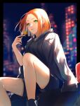  1girl black_hoodie building candy closed_mouth commission earrings food foot_out_of_frame geta_(epicure_no12) green_eyes highres hood hoodie jewelry lollipop looking_at_viewer medium_hair orange_hair original shorts sitting skeb_commission solo thick_eyebrows thighhighs 