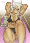  abs animal_ears armpits artist_name bikini boku_no_hero_academia breasts bunny_ears commentary_request covered_nipples grey_hair highres large_breasts long_hair mirko muscular muscular_female navel o-ring o-ring_bikini orange_eyes shosho_oekaki sweat swimsuit twitter_username watermark 