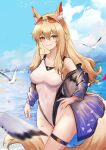  1girl animal_ear_fluff animal_ears arknights bare_shoulders bird blonde_hair blue_sky breasts brown_eyes cloud covered_navel cowboy_shot day ema_(kuguiema) eyewear_on_head hand_on_hip highres long_hair medium_breasts mixed-language_commentary nearl_(arknights) nearl_(shimmering_dew)_(arknights) one-piece_swimsuit outdoors seagull see-through sky solo standing sunglasses swimsuit tail thigh_strap thighs white_swimsuit 