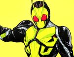  1boy antennae arm_up armor ishibori_eregomos kamen_rider kamen_rider_01_(series) kamen_rider_zero-one male_focus mask shoulder_pads yellow_background 