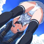 1girl :o all_fours artist_name ass bangs bent_over black_legwear blue_eyes blue_hair blue_sky blush bow bow_panties cloud commentary_request crotch dated day dd_(ijigendd) elbow_gloves from_behind from_below gloves highres kantai_collection long_hair looking_at_viewer neckerchief open_mouth outdoors panties pantyshot samidare_(kancolle) school_uniform serafuku shirt sky sleeveless sleeveless_shirt solo striped thighhighs underwear upskirt very_long_hair white_panties 