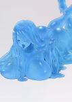  1girl ass blue_eyes blue_slime breasts completely_nude hair_over_one_eye highres huge_breasts long_hair lying monster_girl nude on_stomach original remomon0 reward_available simple_background slime_girl solo the_pose tongue tongue_out 