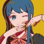  1girl blue_eyes blue_hair closed_mouth commentary_request danganronpa:_trigger_happy_havoc danganronpa_(series) hair_ornament hairclip kiri_(2htkz) long_hair long_sleeves looking_at_viewer maizono_sayaka mismatched_nail_polish nail_polish one_eye_closed plaid portrait red_nails red_neckwear school_uniform serafuku smile solo yellow_nails 