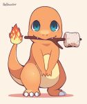  animal_focus beige_background bellavoirr blue_eyes blush charmander claws closed_mouth commentary english_commentary fangs fangs_out fire food full_body gen_1_pokemon hands_together highres light_blush looking_up marshmallow mixed-language_commentary mouth_hold no_humans pokemon pokemon_(creature) simple_background solo standing stick v_arms 