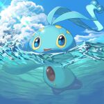  :d blue_eyes cloud commentary_request day gen_4_pokemon highres looking_up manaphy mian_(3zandora) mythical_pokemon no_humans open_mouth outdoors partially_underwater_shot pokemon pokemon_(creature) sky smile solo tongue water 