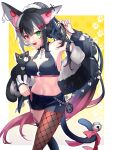  1girl animal_ears asymmetrical_legwear bangs bell black_hair cat choker commission food_print fur_trim geta_(epicure_no12) green_eyes highres mismatched_legwear multicolored_hair original ponytail red_eyes skeb_commission solo tail two-tone_hair white_hair 