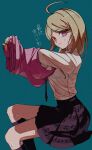  1girl ahoge akamatsu_kaede bangs black_legwear blonde_hair breasts commentary danganronpa_(series) danganronpa_v3:_killing_harmony feet_out_of_frame from_side green_background hair_ornament highres invisible_chair kneehighs long_hair long_sleeves looking_at_viewer musical_note musical_note_hair_ornament musical_note_print nzeneee pink_vest pleated_skirt purple_skirt shirt sitting skirt solo sweat sweater_vest translated undressing vest 