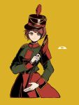  1girl alternate_costume artist_logo bangs black_headwear closed_mouth commentary_request cowboy_shot cropped_legs danganronpa_(series) danganronpa_2:_goodbye_despair epaulettes eyebrows_visible_through_hair freckles gloves hat holding kiri_(2htkz) koizumi_mahiru long_sleeves looking_at_viewer military military_hat military_uniform red_hair red_skirt short_hair simple_background skirt smile solo uniform upper_body weapon white_gloves yellow_background 