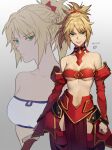 1girl banababa bare_shoulders blonde_hair braid breasts fate/apocrypha fate/grand_order fate_(series) green_eyes hair_ornament hair_scrunchie looking_at_viewer medium_hair mordred_(fate) mordred_(fate)_(all) ponytail red_scrunchie scrunchie smile solo sword weapon white_background 