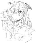 1girl aihara_akito blush character_name erika_(new_normal) highres long_hair mask monochrome mouth_mask new_normal school_uniform scrunchie shirt short_sleeves simple_background sketch solo sparkle v v_over_eye white_background wrist_scrunchie 