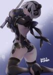  1girl ass back backless_outfit black_bow black_footwear black_legwear blindfold bow dated hair_bow high_heels highres holding lips mario_kaneda nier_(series) nier_reincarnation short_hair silver_hair simple_background solo thighhighs yorha_no._2_type_b 