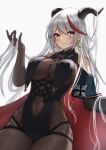  1girl aegir_(azur_lane) azur_lane bangs bare_shoulders black_gloves blush bodystocking breast_curtains breasts cape corset covered_navel elbow_gloves eyebrows_visible_through_hair gloves highres horns iron_cross jori large_breasts multicolored_hair parted_lips red_cape red_hair silver_hair simple_background smile solo streaked_hair two-tone_hair underbust white_background 