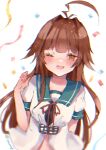  1girl ahoge brown_eyes brown_hair confetti fang green_sailor_collar highres huge_ahoge kantai_collection kuma_(kancolle) long_hair neck_ribbon one-hour_drawing_challenge one_eye_closed red_neckwear remodel_(kantai_collection) ribbon sailor_collar sailor_shirt school_uniform serafuku shirt short_sleeves simple_background solo takemochi upper_body white_background white_shirt 