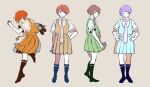  1girl :o alternate_color bangs collared_shirt commentary_request danganronpa_(series) danganronpa_2:_goodbye_despair dress freckles full_body green_dress grey_background hand_up highres holding holding_clothes holding_footwear kiri_(2htkz) knee_up kneehighs koizumi_mahiru necktie no_shoes open_mouth pale_skin plaid_neckwear pleated_skirt purple_hair red_hair school_uniform shirt short_hair short_sleeves simple_background skirt smile standing white_shirt 