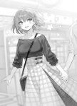  1girl bag braid breasts casual charlotte_corday_(fate) chocoan earrings fate/grand_order fate_(series) greyscale handbag happy highres holding_hands jewelry large_breasts long_skirt monochrome plaid plaid_skirt skirt yamoge 